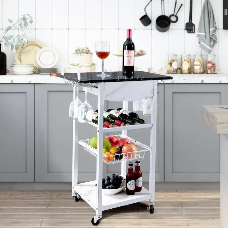 Mobile Drink Cart 4 Tier with Glass Holders Faux Marble Top