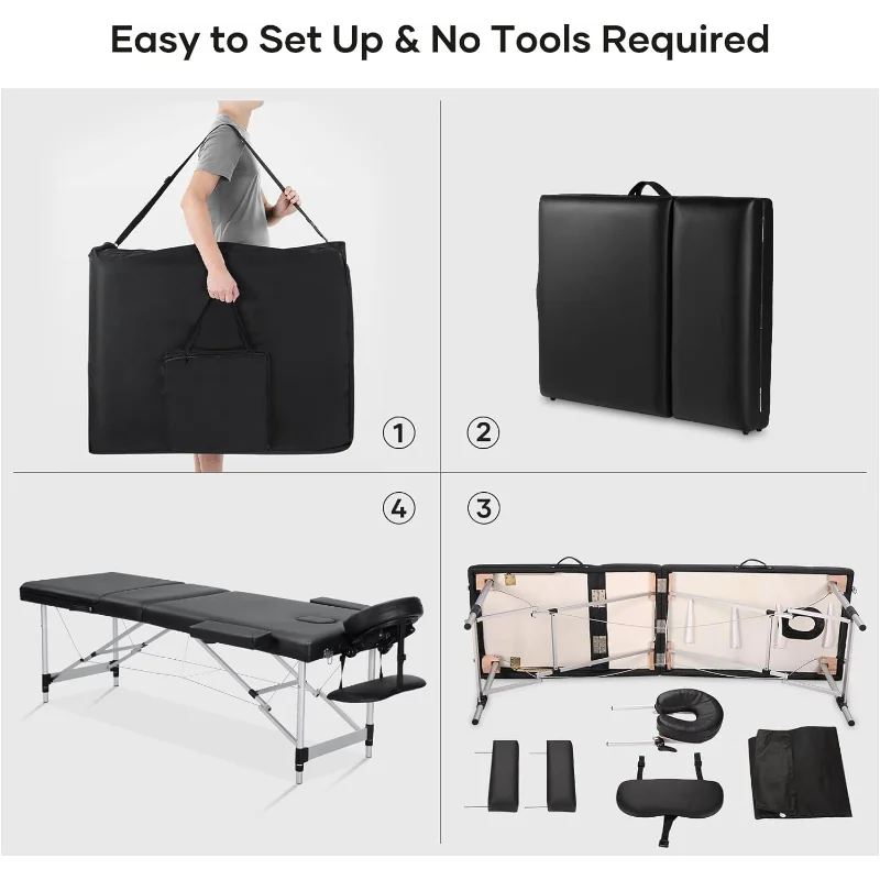 Height Adjustable Aluminum Massage Bed with Headrest, Armrests and Carry Bag,