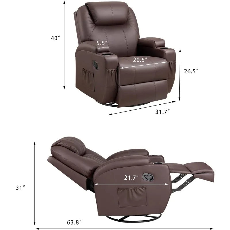 Swivel Rocker Recliner,with Massage and Heating Functions, Sofa Chair with Remote Control and Two Cup Holders