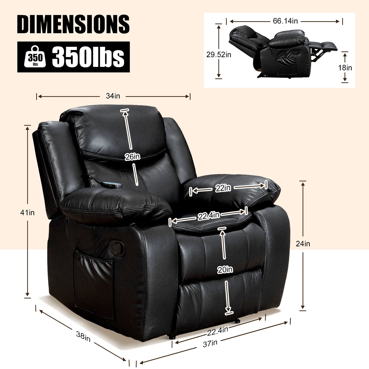 Massage Heated Recliner Chair, 37" Width Recliner Sofa