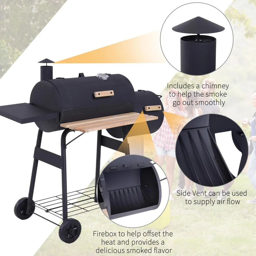 48" Portable Barrel Charcoal BBQ Grill, Steel Outdoor Barbecue Smoker with 232 Square Inches Cooking Space, Black