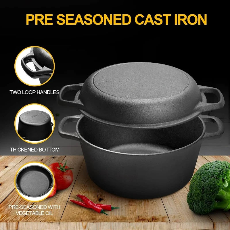 2025 2-in-1 Pre-Seasoned Cast Iron Dutch Oven Pot with lid