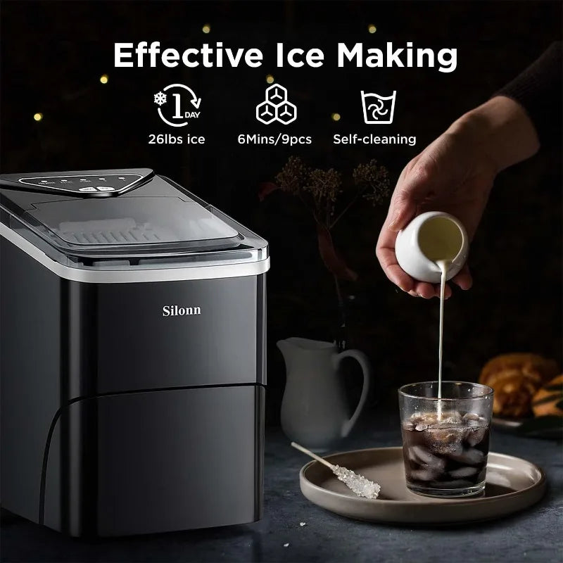 Ice Maker Countertop, 9 Cubes Ready in 6 Mins, 26lbs in 24Hrs Scoop and Basket