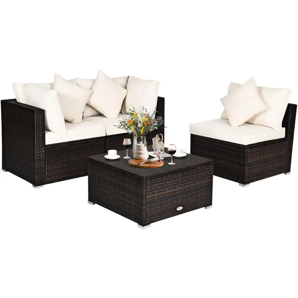 4PCS Patio Wicker Set Cushioned seats with Ottoman