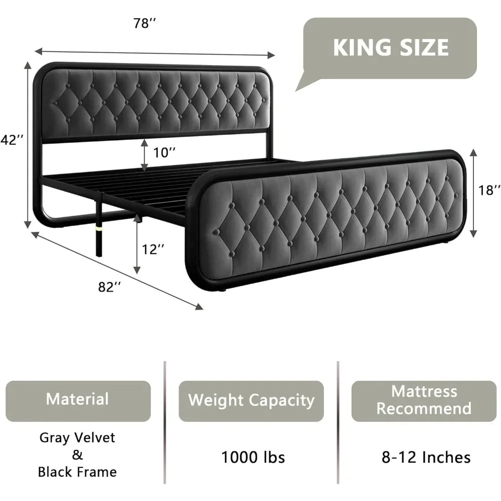 King-size Heavy-Duty Bed Frame With Faux Leather Headboard 12" Under-Bed Storage Black