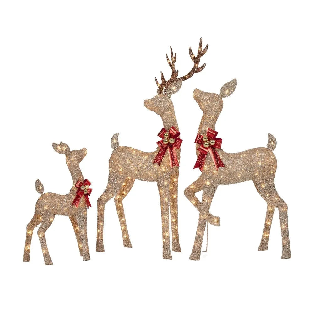 Set of 3 Light-up Glitter Deer Family With 210 Clear Incandescent Christmas Lights