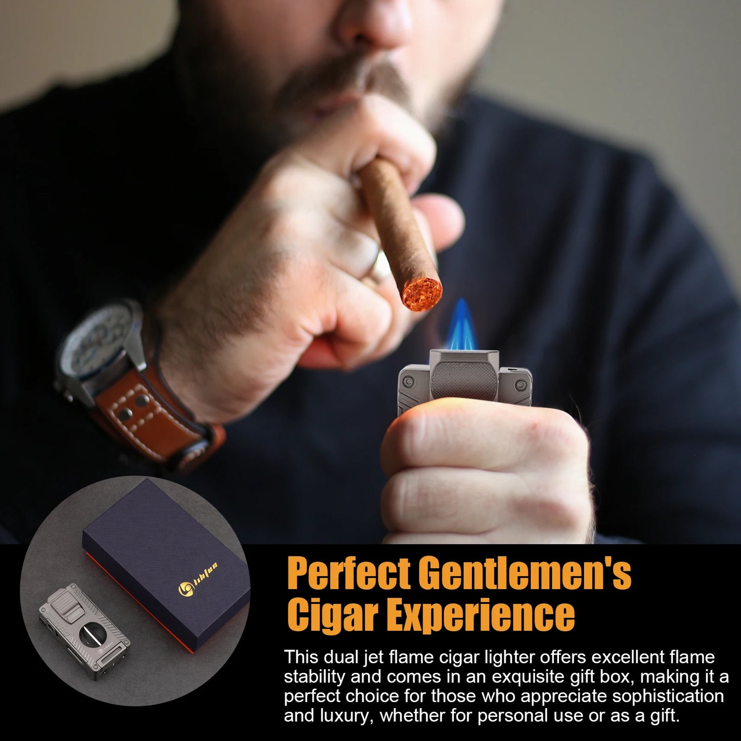 Cigar Torch Lighter, Cigar Punch Cigar Draw Enhancer Cigar Cutter V Cut, Double Jet Flame Refillable