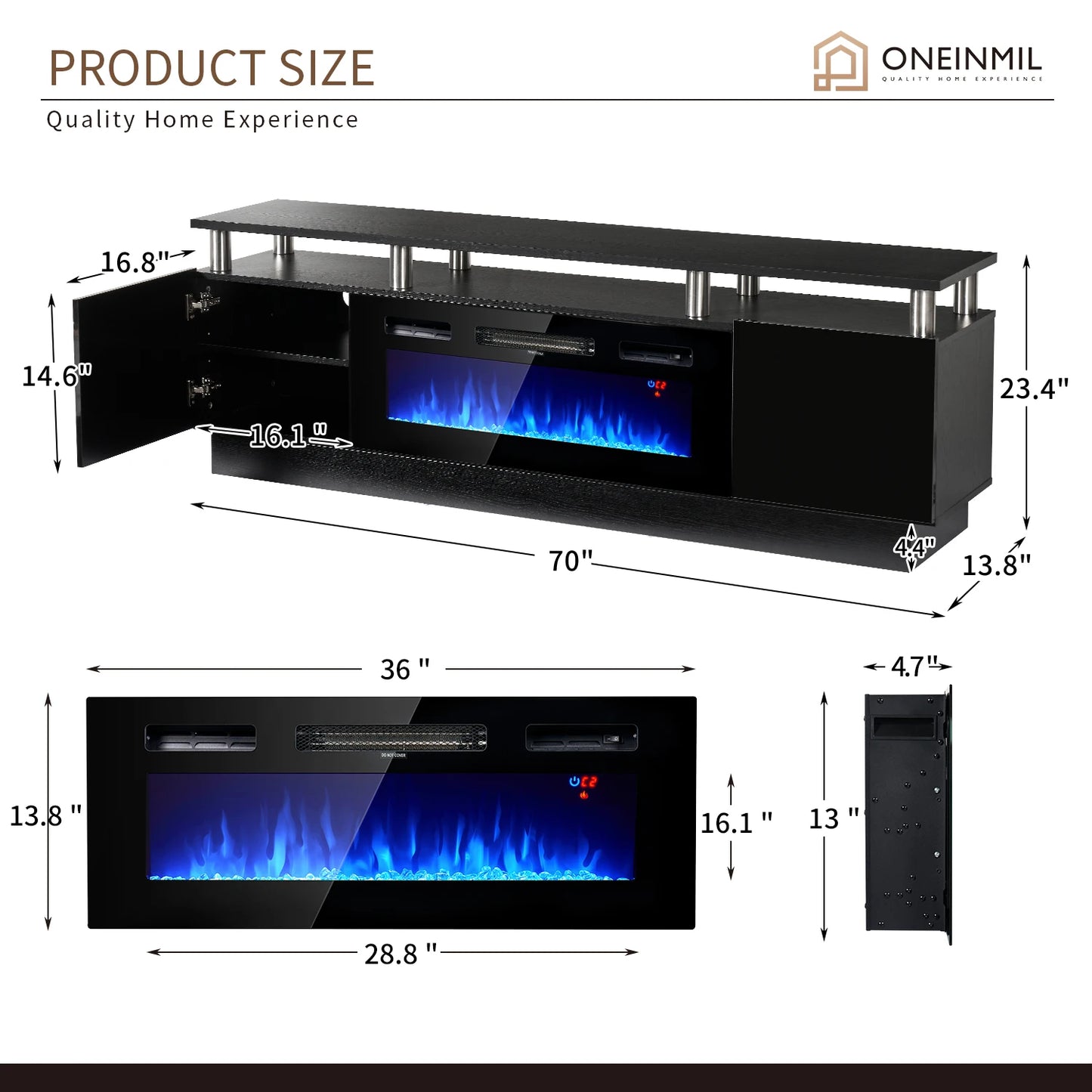 TV Stand with 36" Electric Fireplace, LED Light Entertainment Center, Modern Wood Texture Entertainment Stand, Black