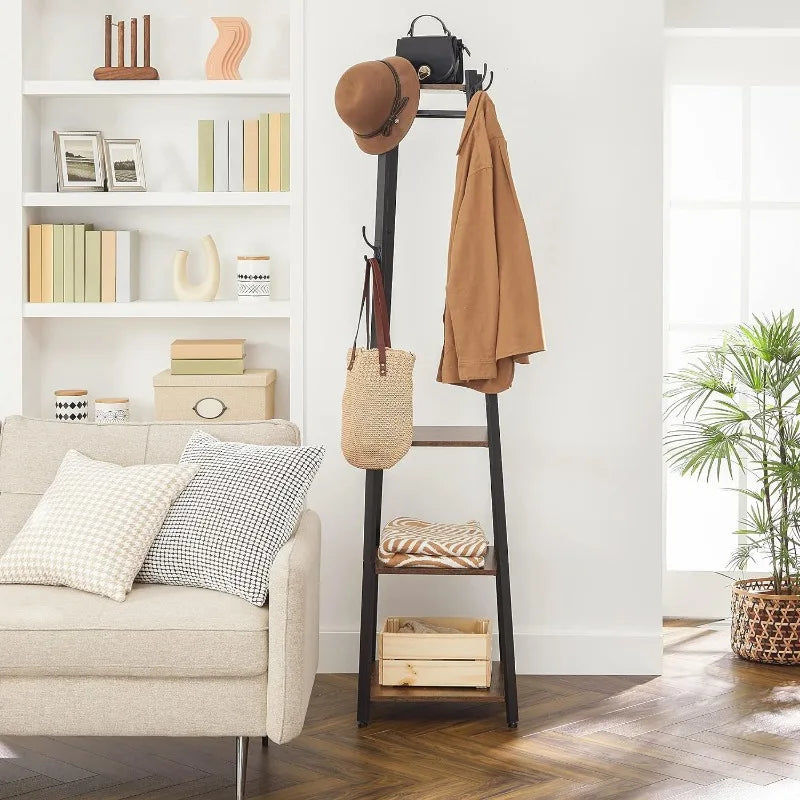 Coat Rack with 3 Shelves, Stand with Hooks for Scarves Bags and Umbrellas