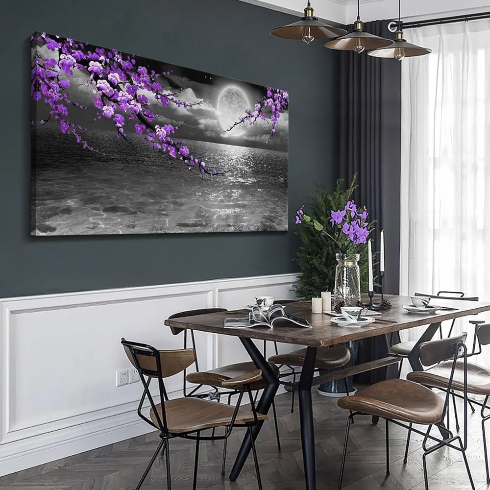 Large Purple Black and White Sea View Full Moon Purple Flower Painting Canvas