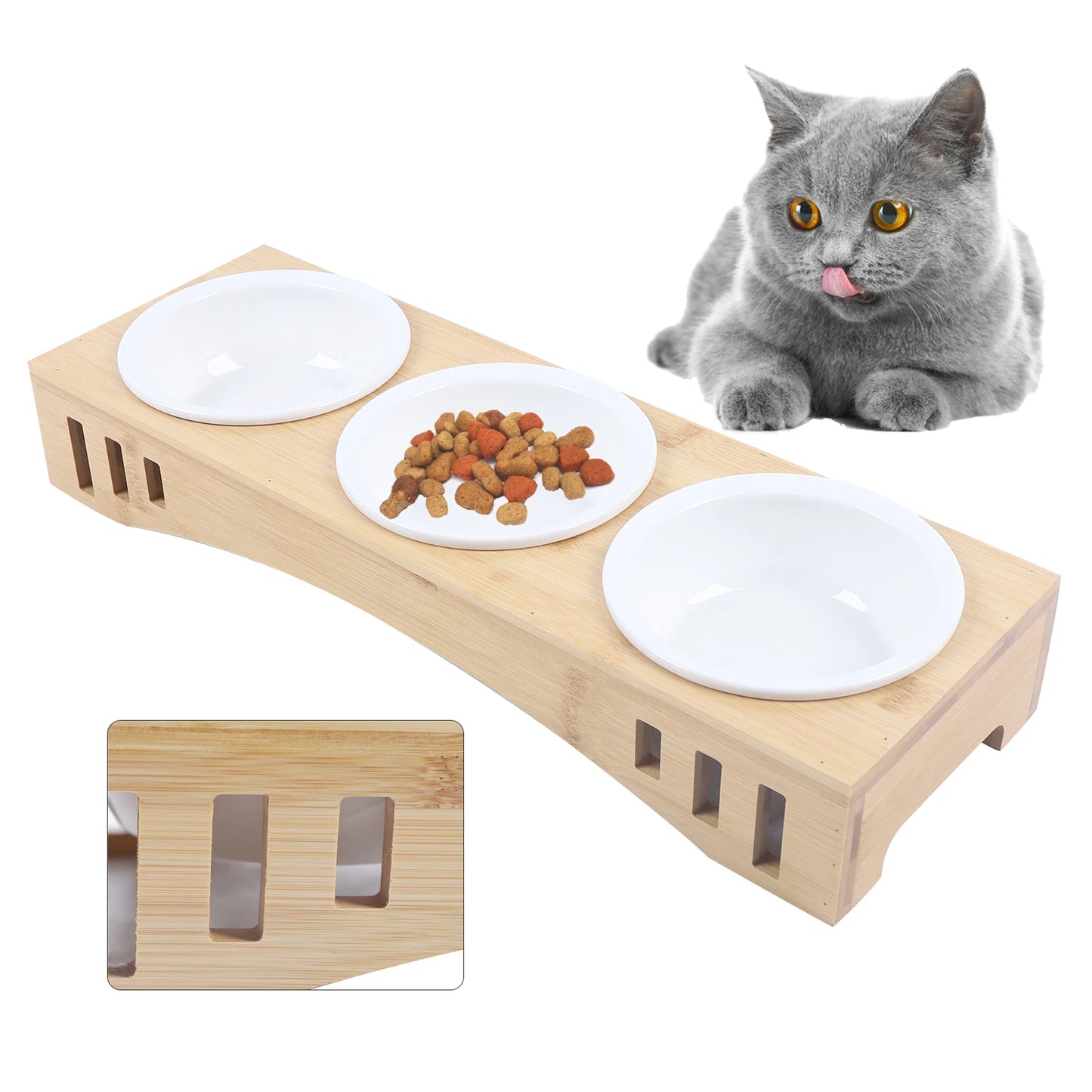 Cat Bowl Feeding and Water 3-Bowl Feeding Station with Raised Bamboo Stand