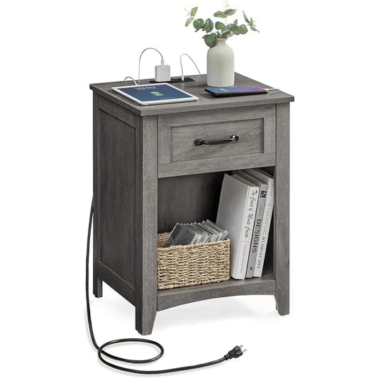 Bedside Table With Drawer Side Bed Table Farmhouse Nightstand With Charging Station Bedside Tables for the Bedroom Nightstands