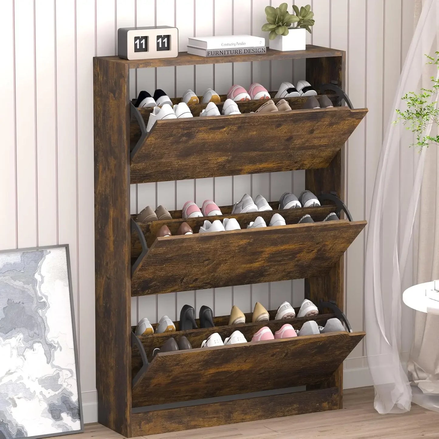 Hidden Wood Freestanding Shoe Storage Cabinet for Entryway Hallway