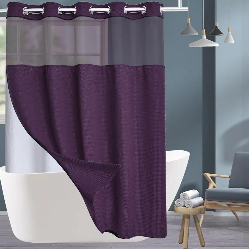 Fabric Shower Curtain Set with Snap in Line See Through Top Window, Waffle Weave Shower Curtain