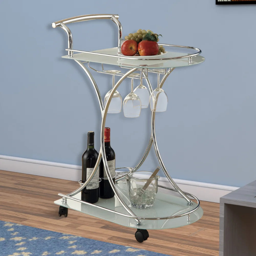 Serving Cart with 2 Frosted Glass Shelves, Silver