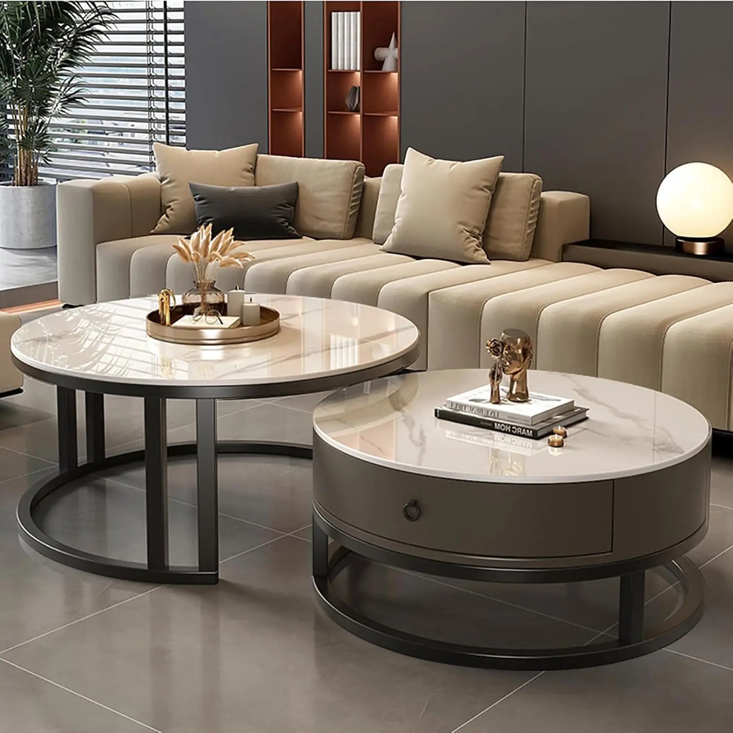 Coffee Table with drawer,round,soild wood metal frame sliding design