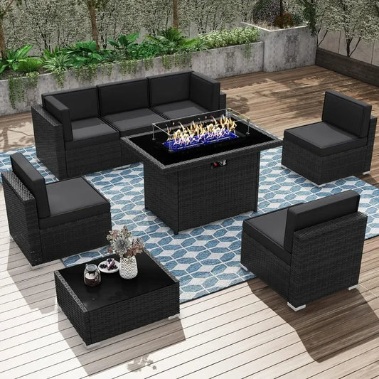 8 Piec Patio Furniture Sofa Set with 44" Propane Gas Fire Pit Table, Outdoor Sectional Black Wicker Sofa Set