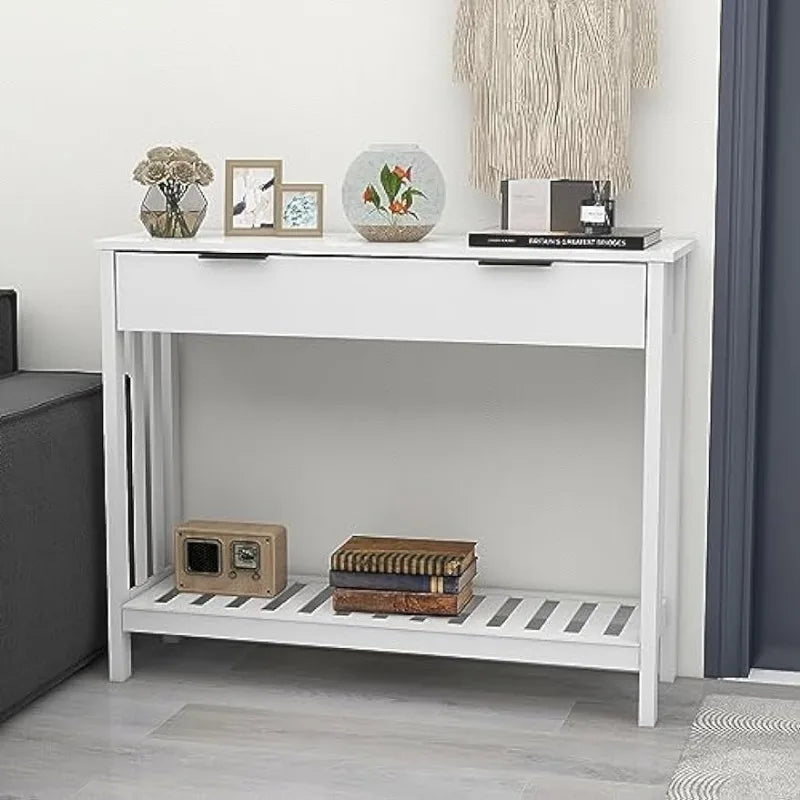 White Narrow Console Table with Storage Modern Wood