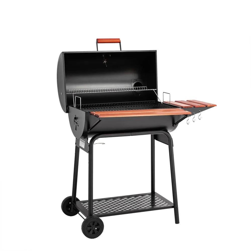 Bbq Barrel Charcoal Grill with Wood-Painted Side Table