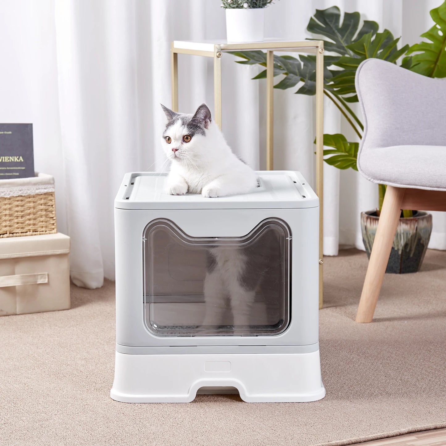 XXL Large Space Foldable Cat Litter Box with Front Entry & Top Exit with Tray