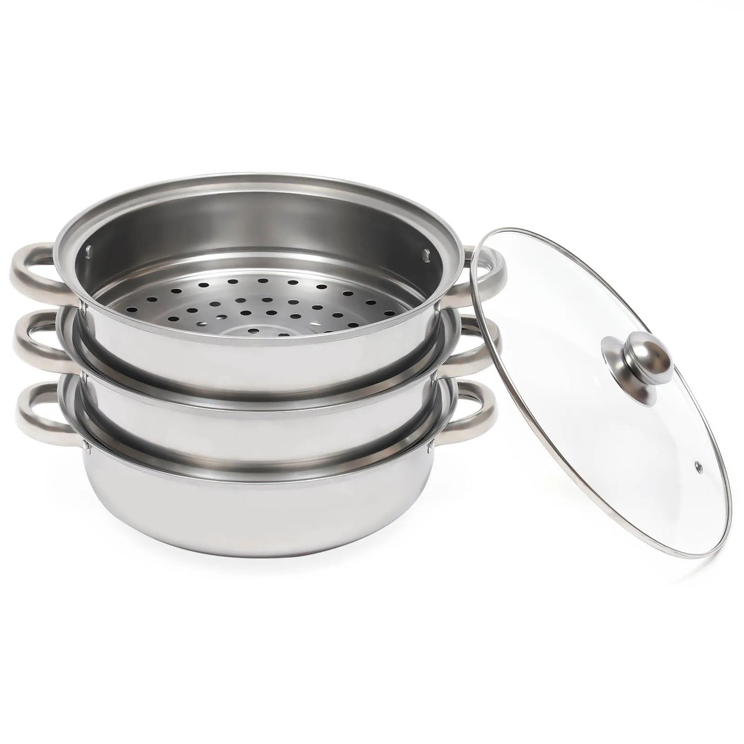 11" 3 tier Steamer Stainless Steel Food Veg Pot Sets W/Glass Lid