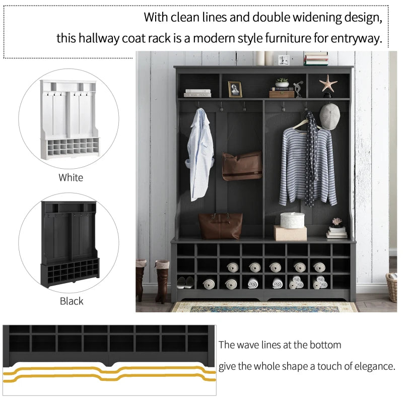 Black Modern Style Multiple Functions Hallway Coat Rack 60" Wide with 24 Shoe Cubbies