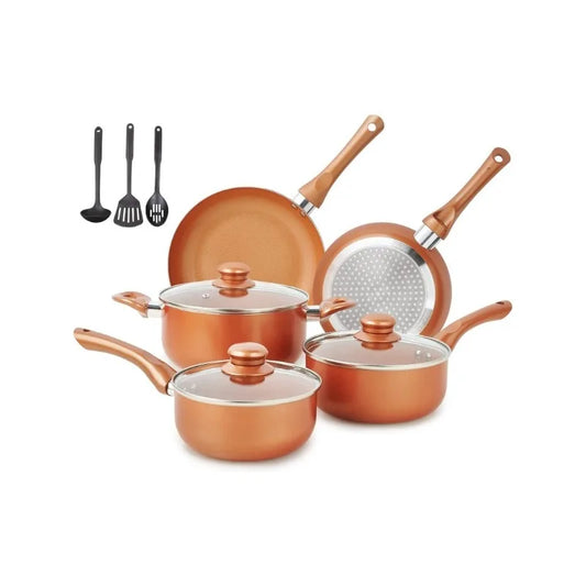 11pcs Cookware Set Copper with Ceramic Coating, Stay cool handle
