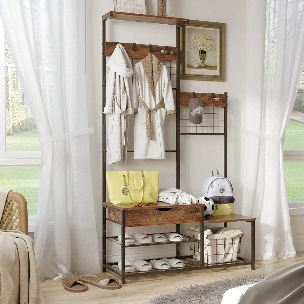 FloorCoat Rack with Entryway Bench and Shoe Storage Stand Hanger