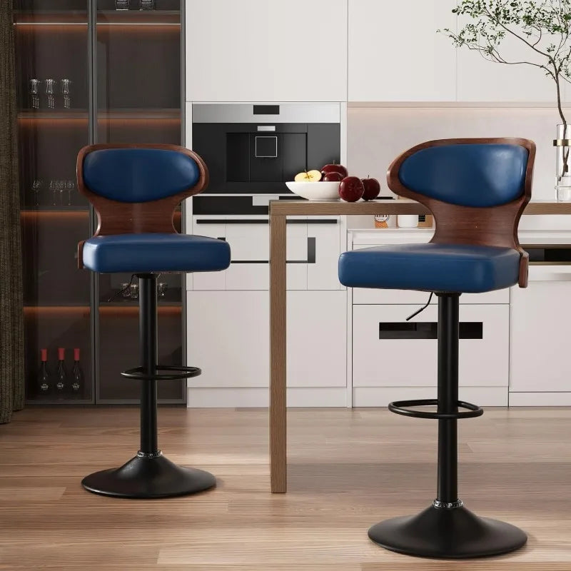 Bar Stools Set of 2 Seat Adjustable Height 24.5-33.5IN Swivel with Back & Footrest Leather Upholstered