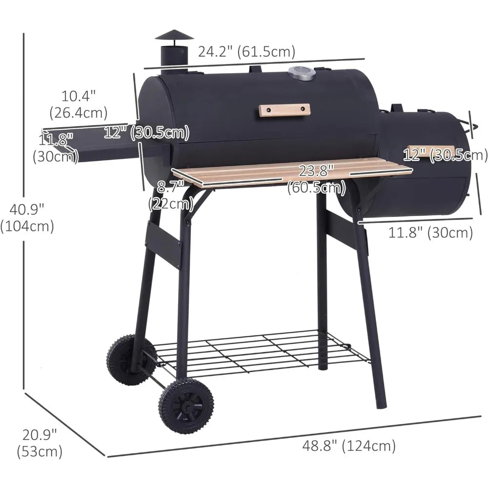 48" Portable Barrel Charcoal BBQ Grill, Steel Outdoor Barbecue Smoker with 232 Square Inches Cooking Space, Black