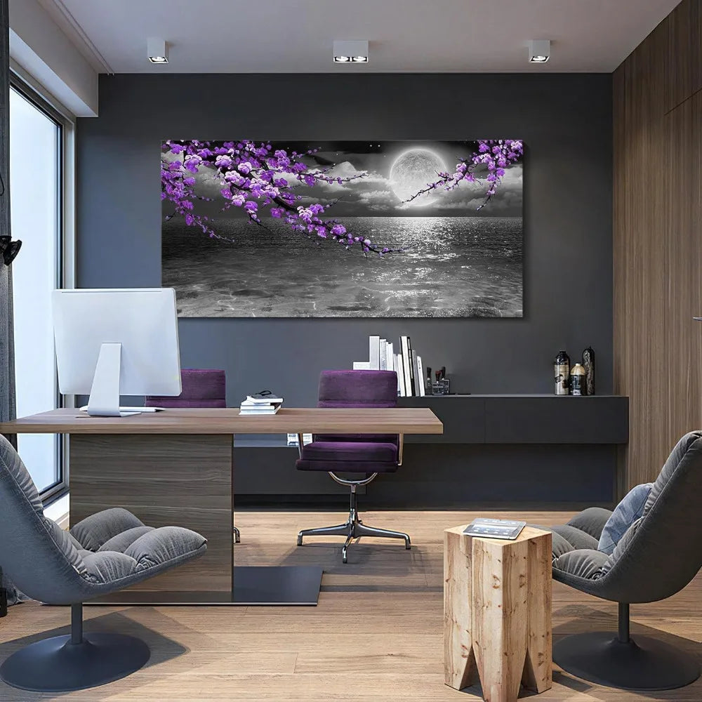 Large Purple Black and White Sea View Full Moon Purple Flower Painting Canvas