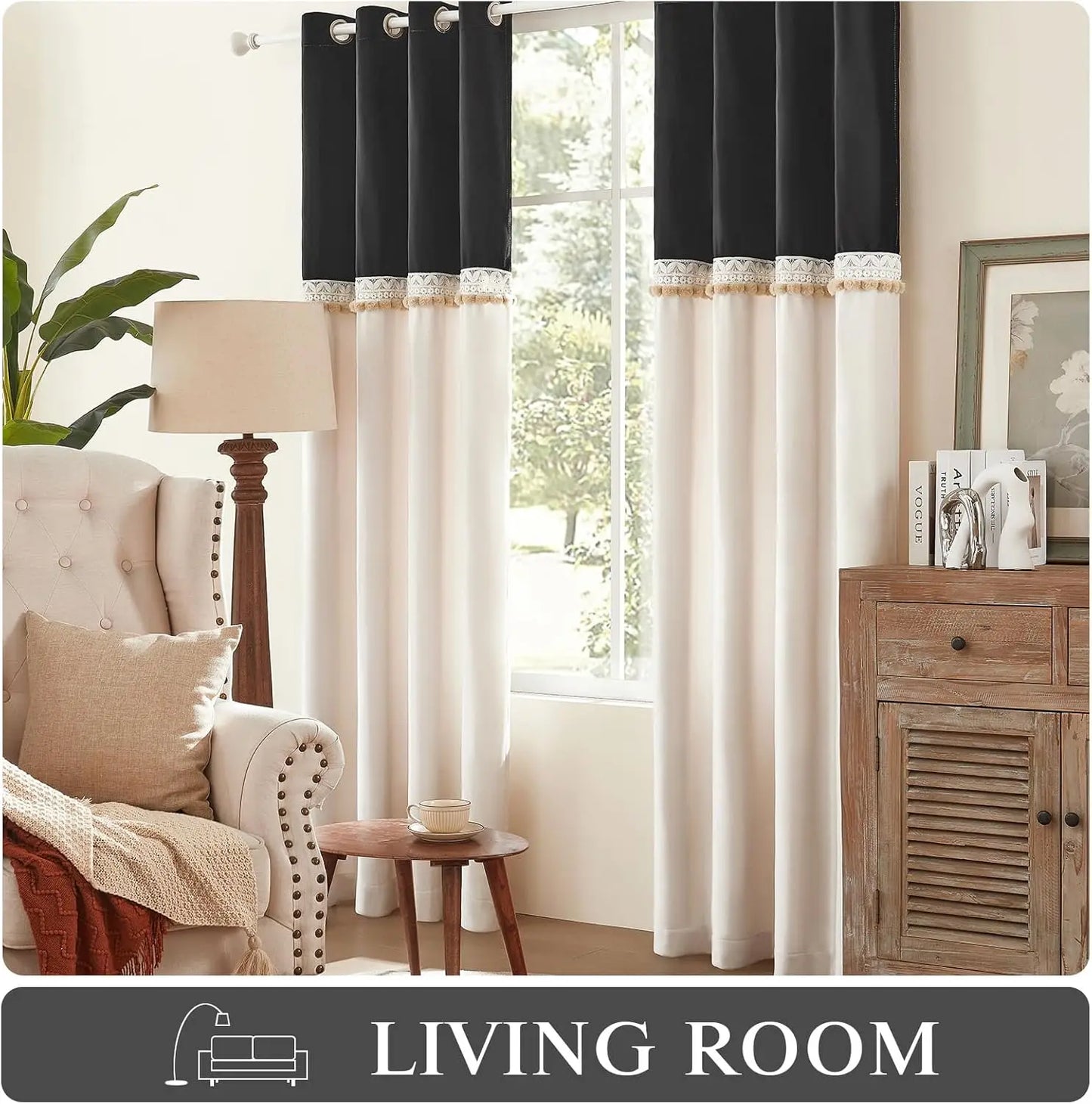 Curtains for Living Room 96 Inches Long Black Ivory 2 Panels Set