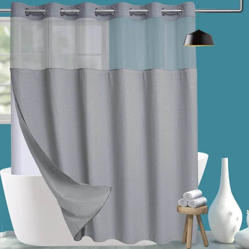 Fabric Shower Curtain Set with Snap in Line See Through Top Window, Waffle Weave Shower Curtain