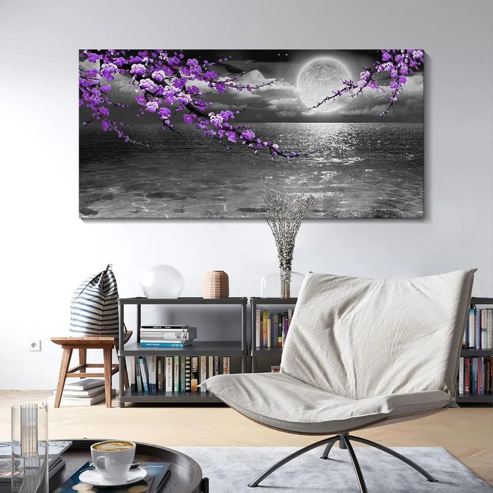 Large Purple Black and White Sea View Full Moon Purple Flower Painting Canvas