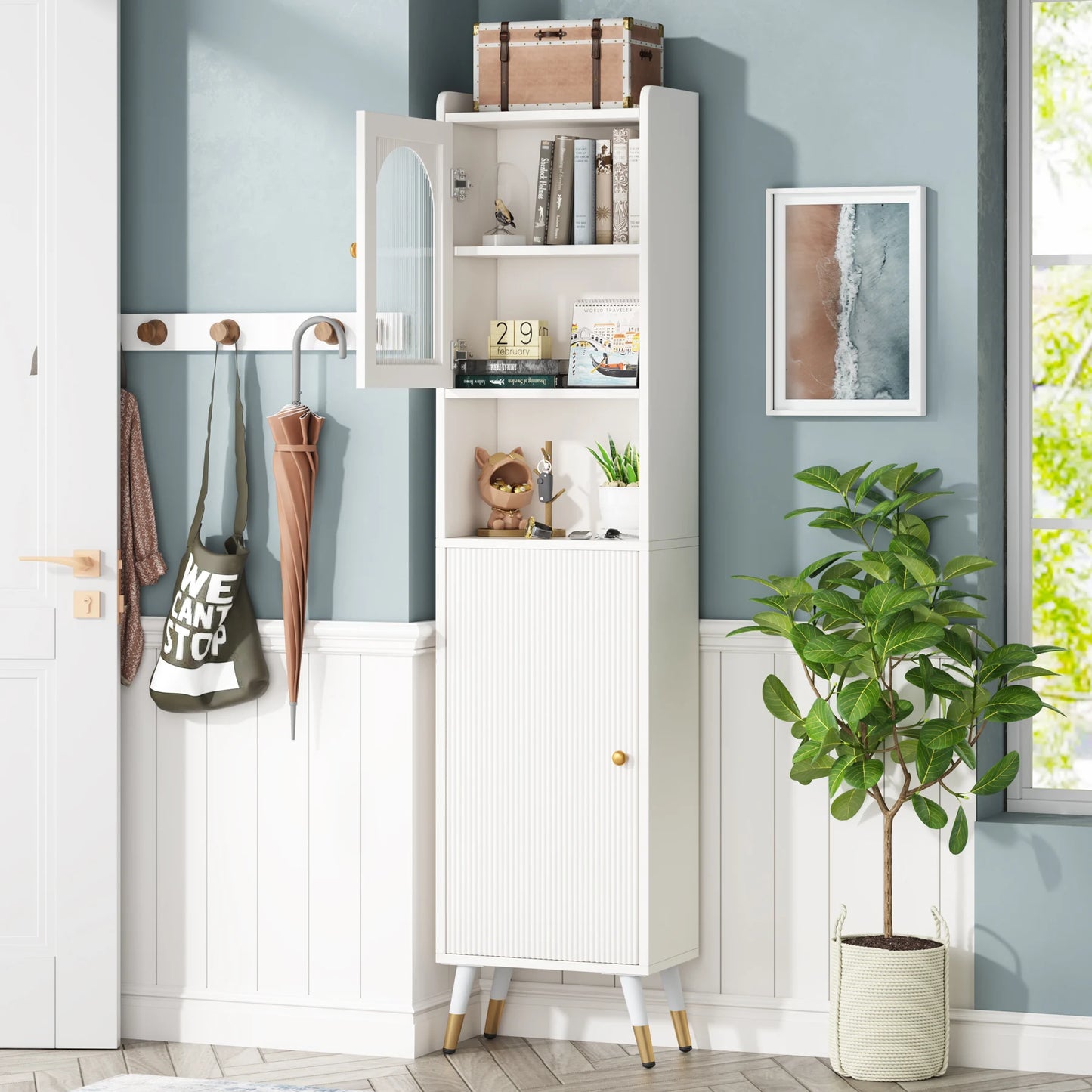 Bathroom Cabinet, 66.9’’ Tall Slim Linen Storage Cabinet with 2 Doors and 6 Shelves