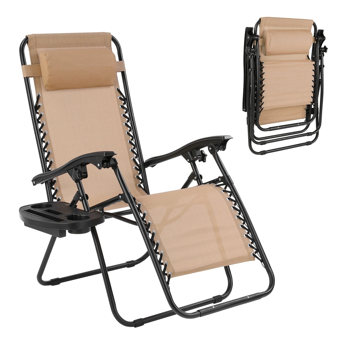 Sun Loungers Set of 2 Zero Gravity Chair Foldable with Side Table, Cup Holder, Head Cushion