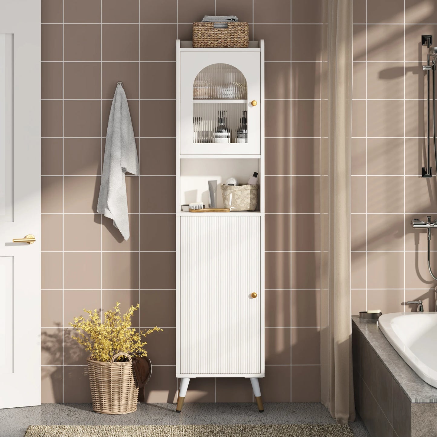 Bathroom Cabinet, 66.9’’ Tall Slim Linen Storage Cabinet with 2 Doors and 6 Shelves