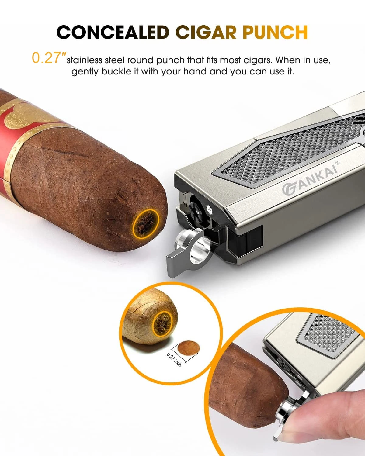 Cigar Lighter 4 Torch Jet Flame, Cigar Punch & Holder & Draw Enhancer, Refillable Torch Lighter