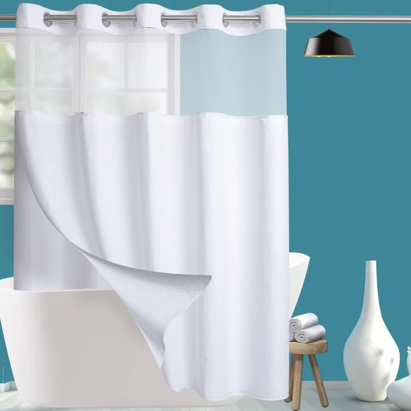 Fabric Shower Curtain Set with Snap in Line See Through Top Window, Waffle Weave Shower Curtain