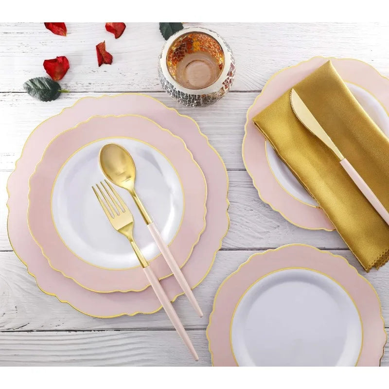 144 Pcs Gold Plastic Silverware, Disposable Flatware with Pink Handle, Gold Plastic Gold Tableware or Holidays