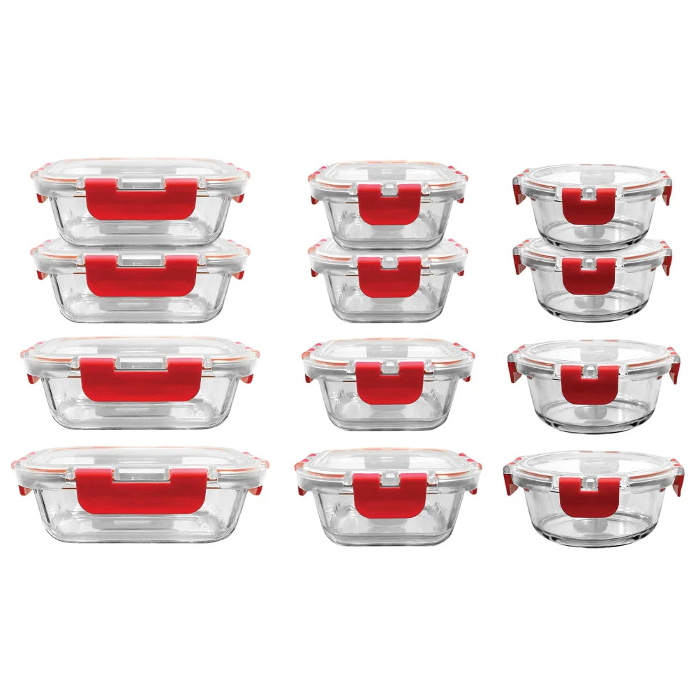 24 Piece Superior Glass Food Storage Set, Locking Hinge Red Lids