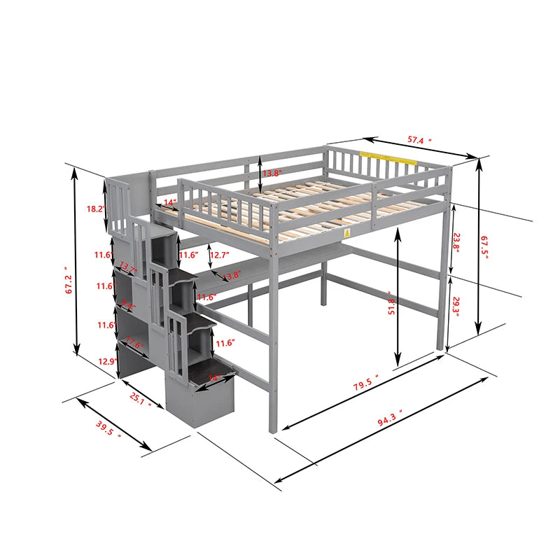 Full Size Loft Bed with Built-in Desk, Bookshelves and Storage Staircase,Grey/white