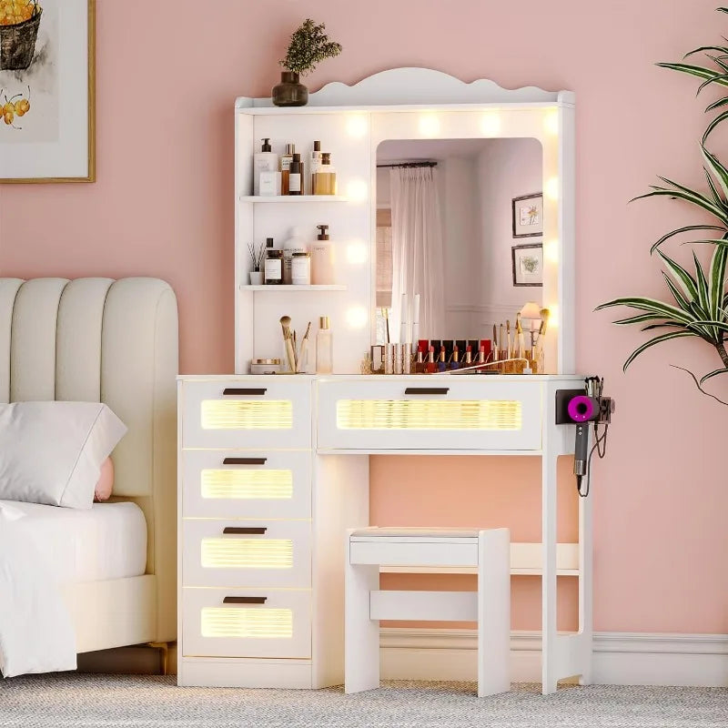 LED Makeup Vanity Table with Charging Station Drawers, Hair Dryer Rack