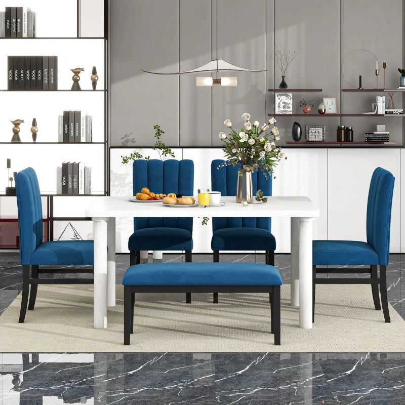 6-Piece Dining Table Set with Marble Table and 4 Upholstered Dining Chairs & Bench