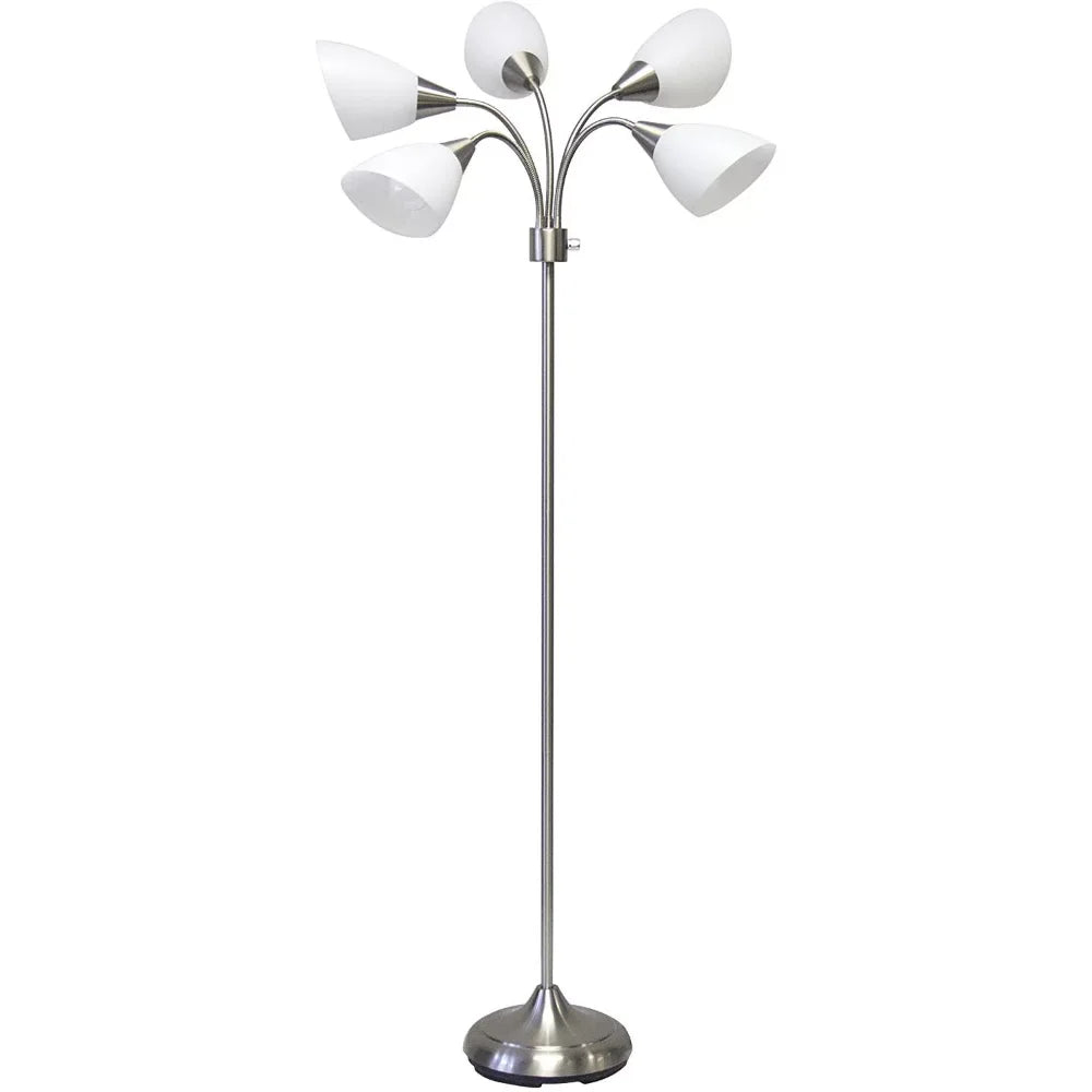 Five Light Floor Lamp, Brushed Steel, White Frosted Plastic Shade