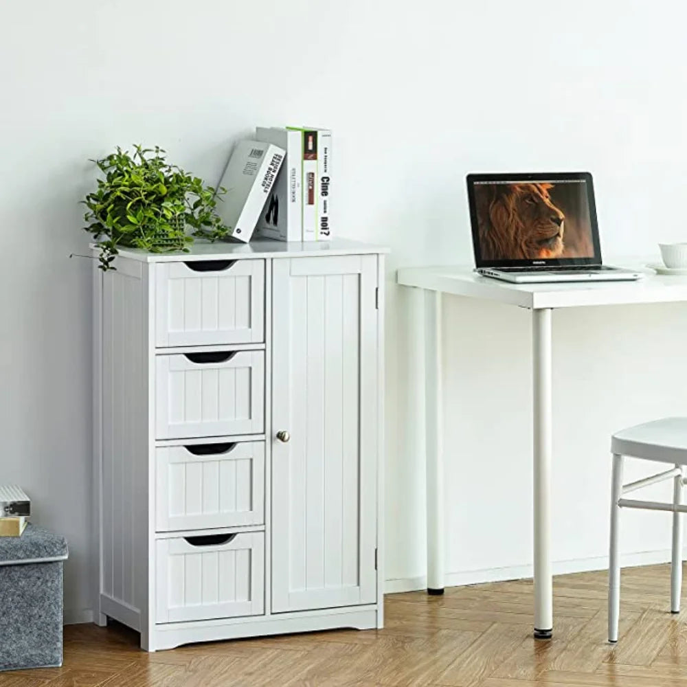 4 Drawer Storage Cabinet, Wooden Bathroom Organizer and  Cupboard 2 Shelves, White  Shelf