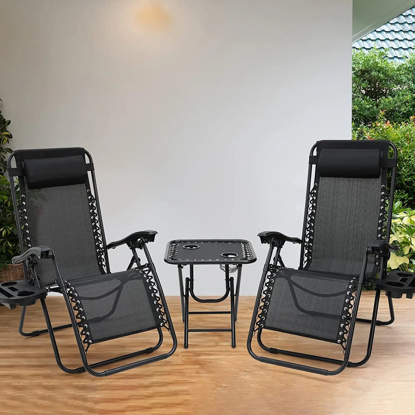 3Pcs Sun Lounger Set with Table Folding Reclining Lounge Chair