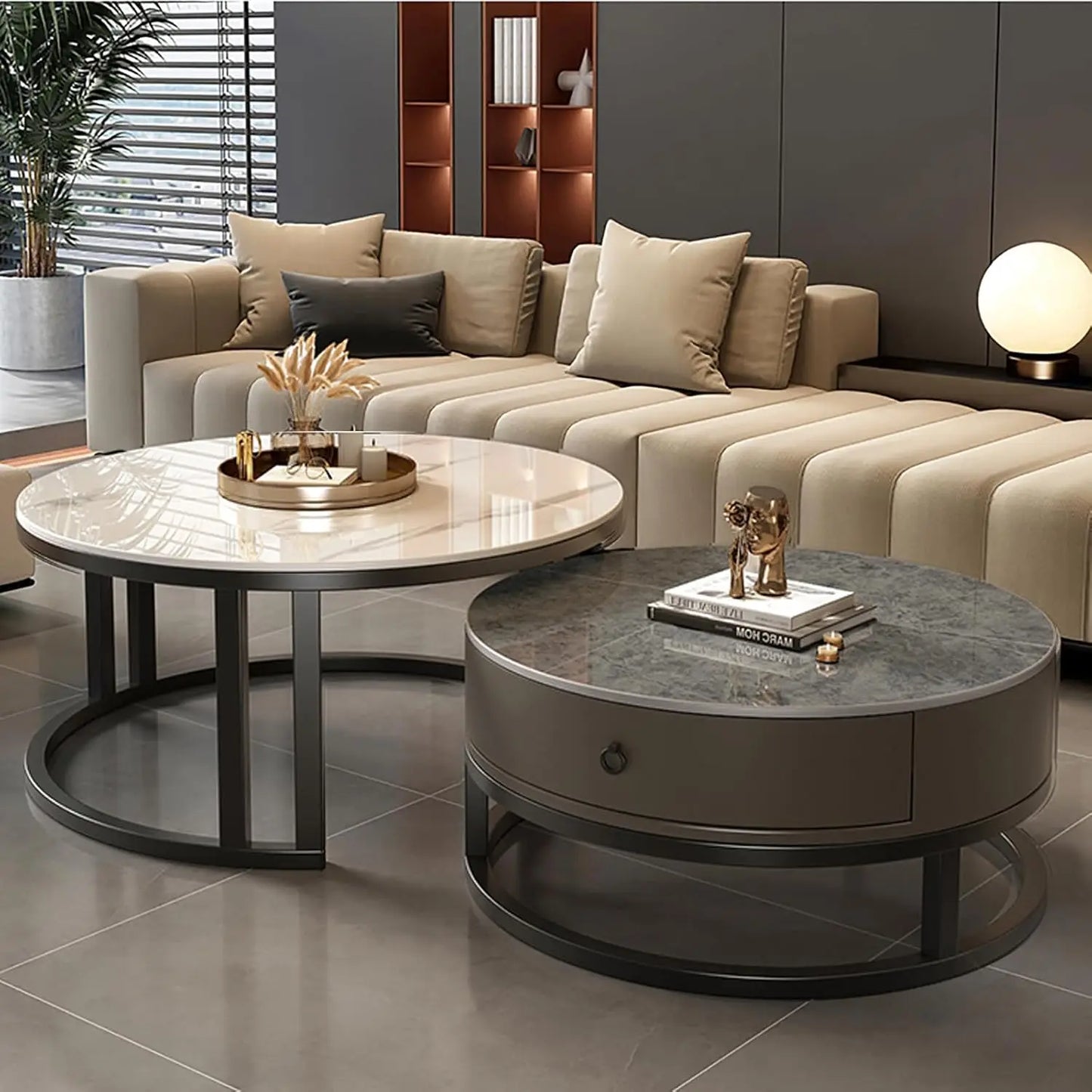 Coffee Table with drawer,round,soild wood metal frame sliding design