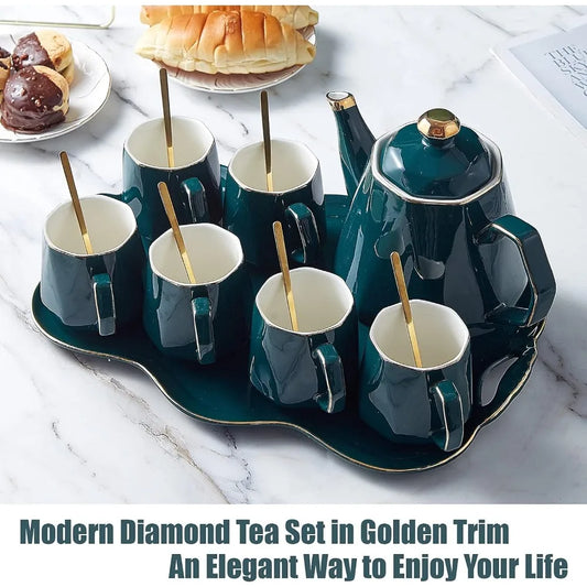 14 Pcs Tea Set of 6 With Tea Tray & Spoons Modern Diamond Design Tea/Coffee Cup Set With Golden Trim Coffeeware Teaware Matcha