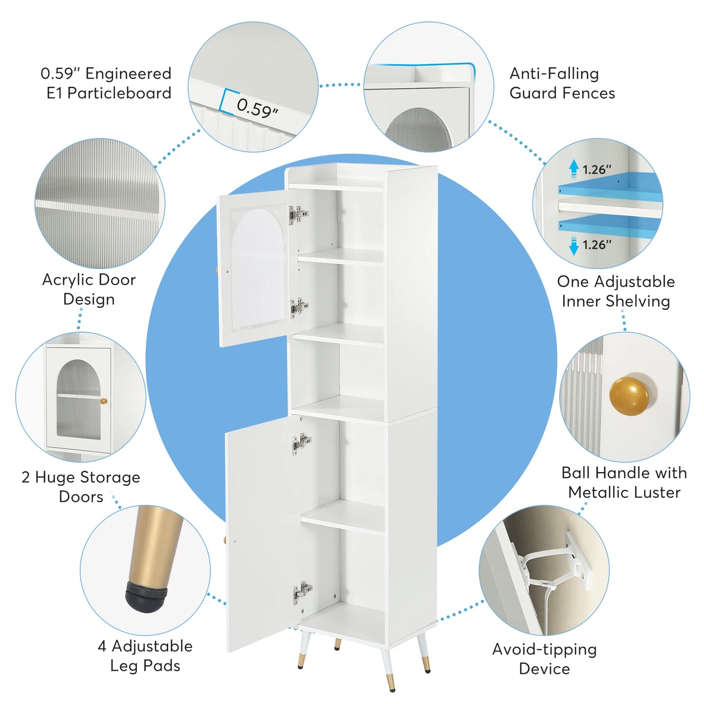 Bathroom Cabinet, 66.9’’ Tall Slim Linen Storage Cabinet with 2 Doors and 6 Shelves